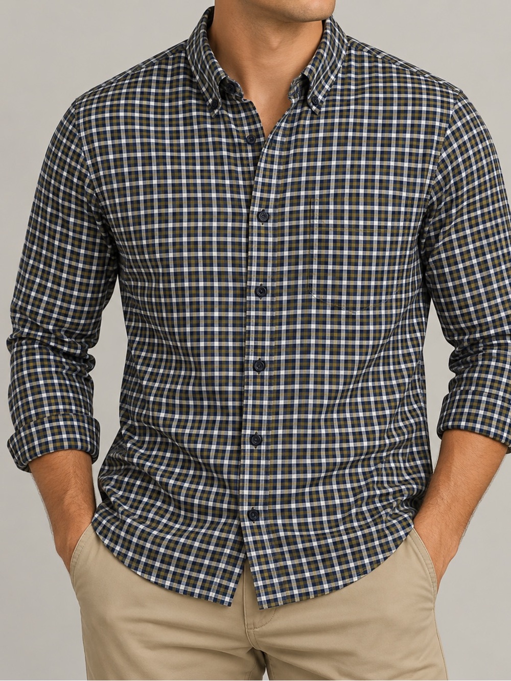 Nordstrom Tech Smart Shirt Mens Large Trim Fit Navy Mustard Plaid Long Sleeve